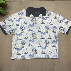 Cotton Traders Vintage 90s Nautical Boats AOP White Navy Polo Shirt Men's XLB